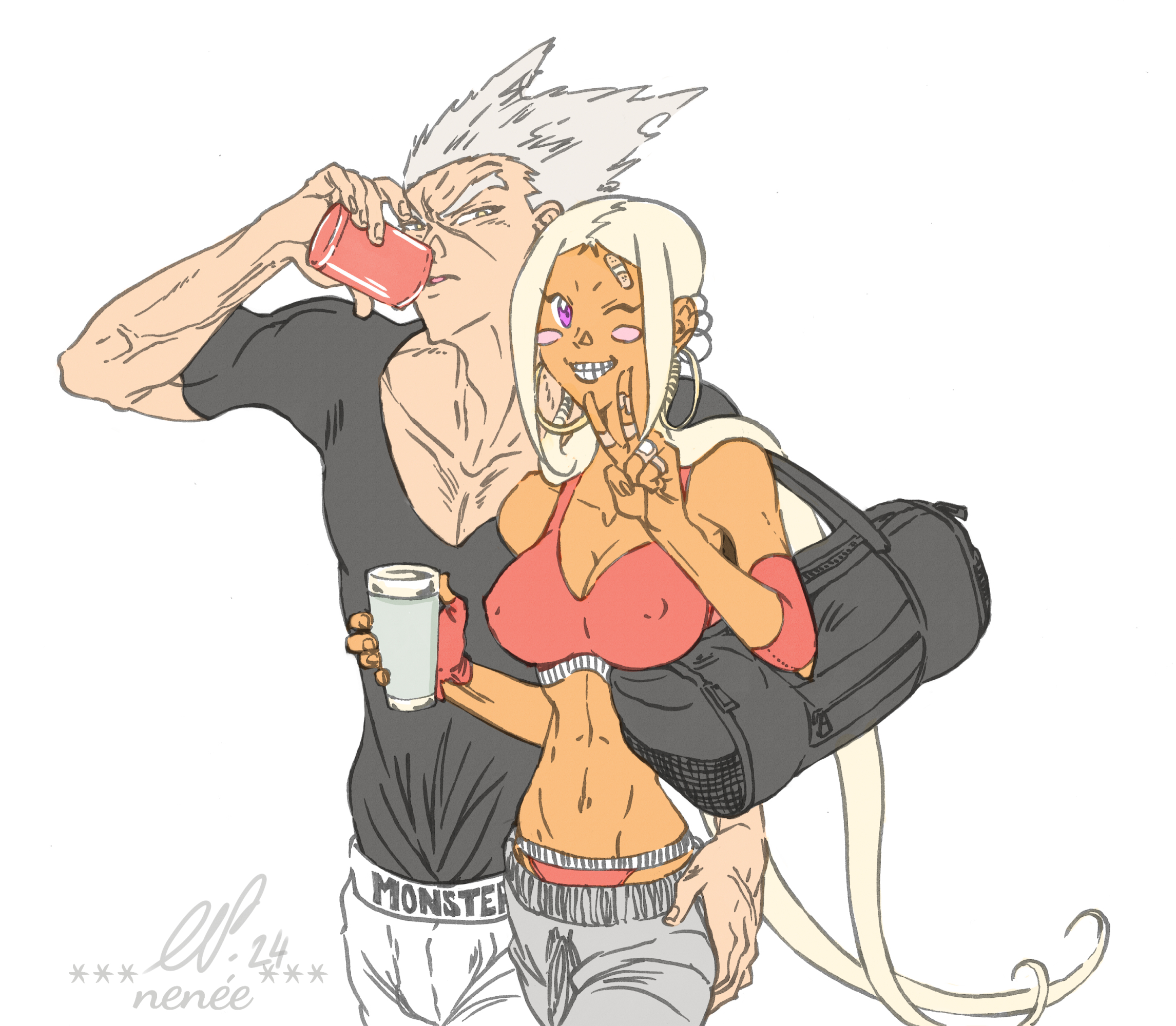 Garou and Nagi happy together drinking after training in the gym