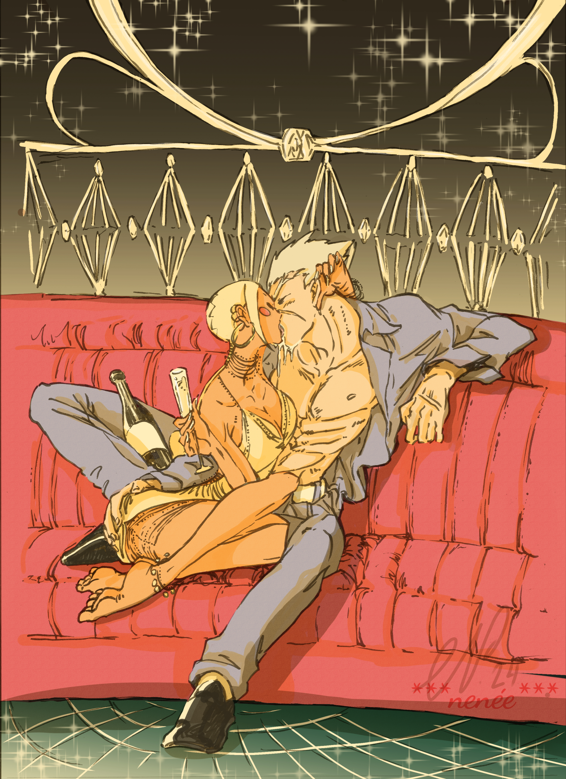 Wet champagne kiss between Nagi and Garou in an elegant night club